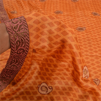 Sanskriti Vintage Saffron Sarees 100% Pure Silk Embroidered Sari Craft Sustainable Fabric