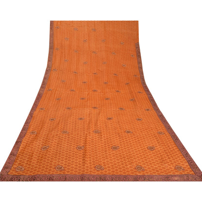 Sanskriti Vintage Saffron Sarees 100% Pure Silk Embroidered Sari Craft Sustainable Fabric