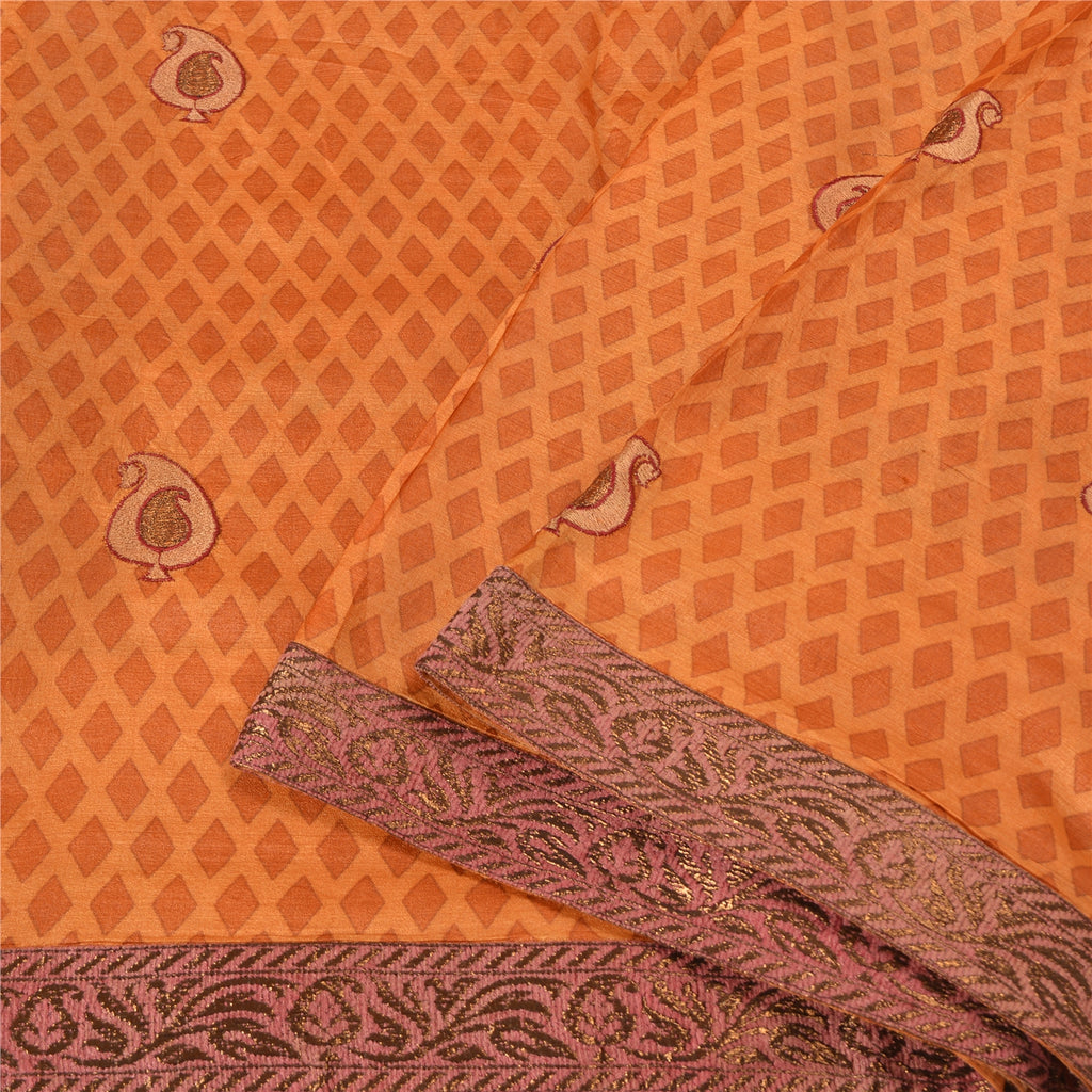 Sanskriti Vintage Saffron Sarees 100% Pure Silk Embroidered Sari Craft Sustainable Fabric