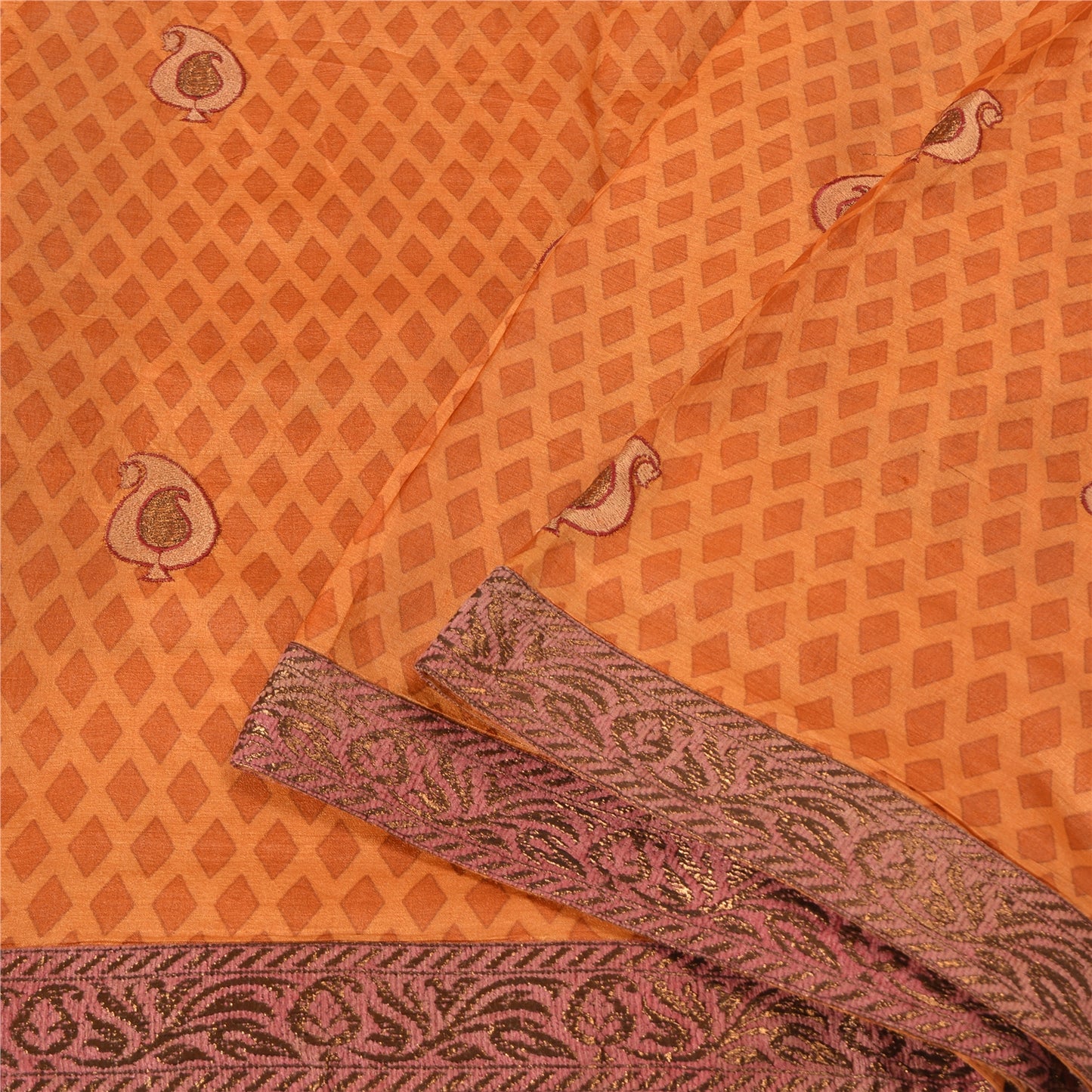 Sanskriti Vintage Saffron Sarees 100% Pure Silk Embroidered Sari Craft Sustainable Fabric