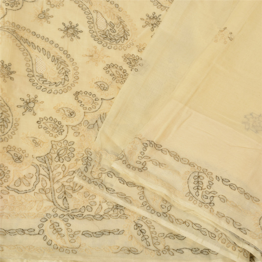 Sanskriti Vintage Cream Sarees Cotton Hand Embroidered Chikankari Sari Fabric
