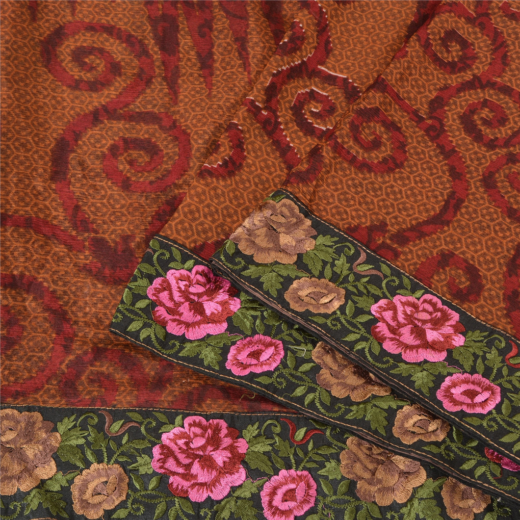 Sanskriti Vintage Dark Red Sarees Pure Chiffon Silk Embroidered Sari Fabric