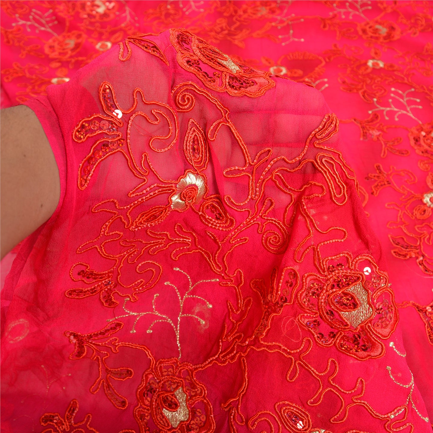 Sanskriti Vintage Pink Sarees Ren Georgette Broderet Tie-Dye Sari Bæredygtigt Stof