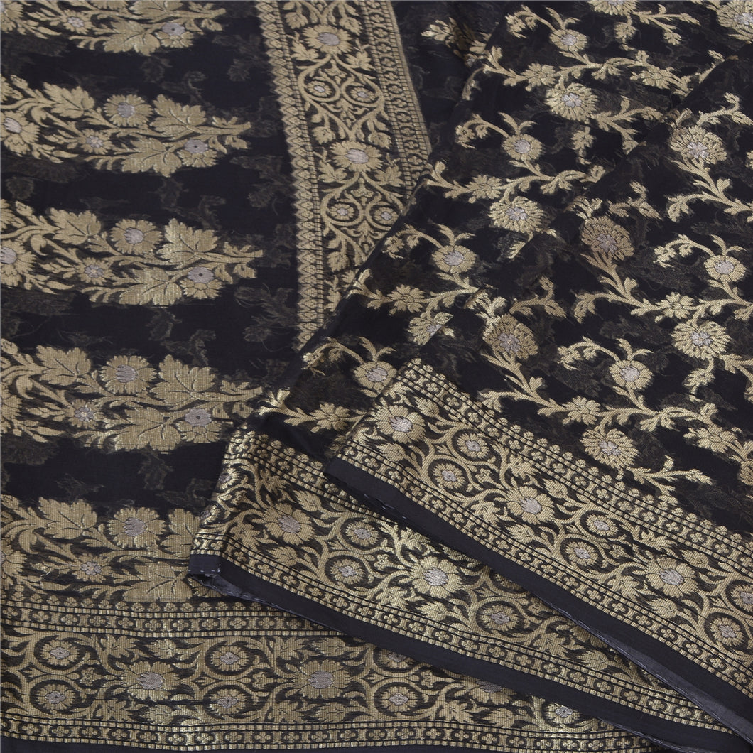 Sanskriti Vintage Black Bollywood Sarees Pure Georgette Silk Woven Sari Fabric