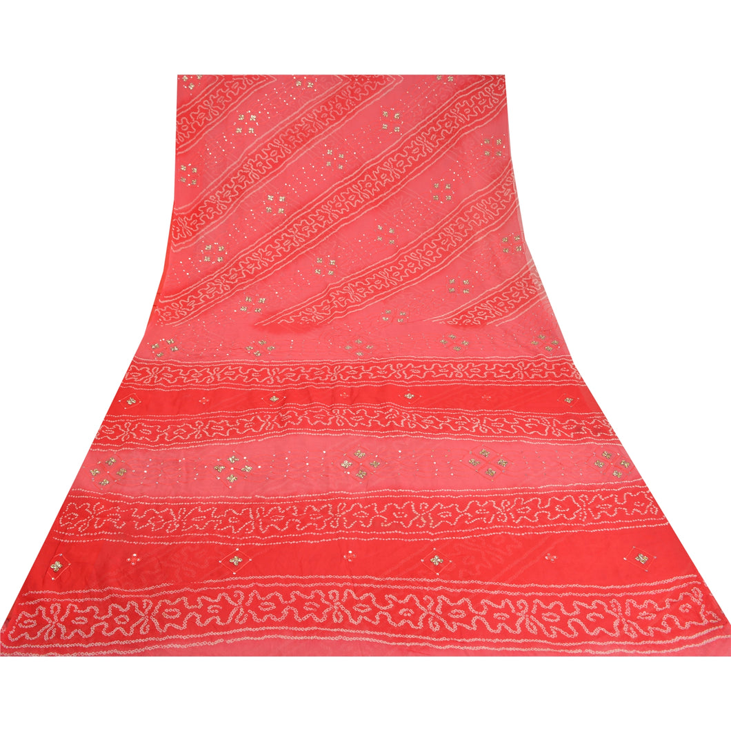 Sanskriti Vintage Red Sarees Pure Georgette Silk Hand Beads Bandhani Sari Fabric