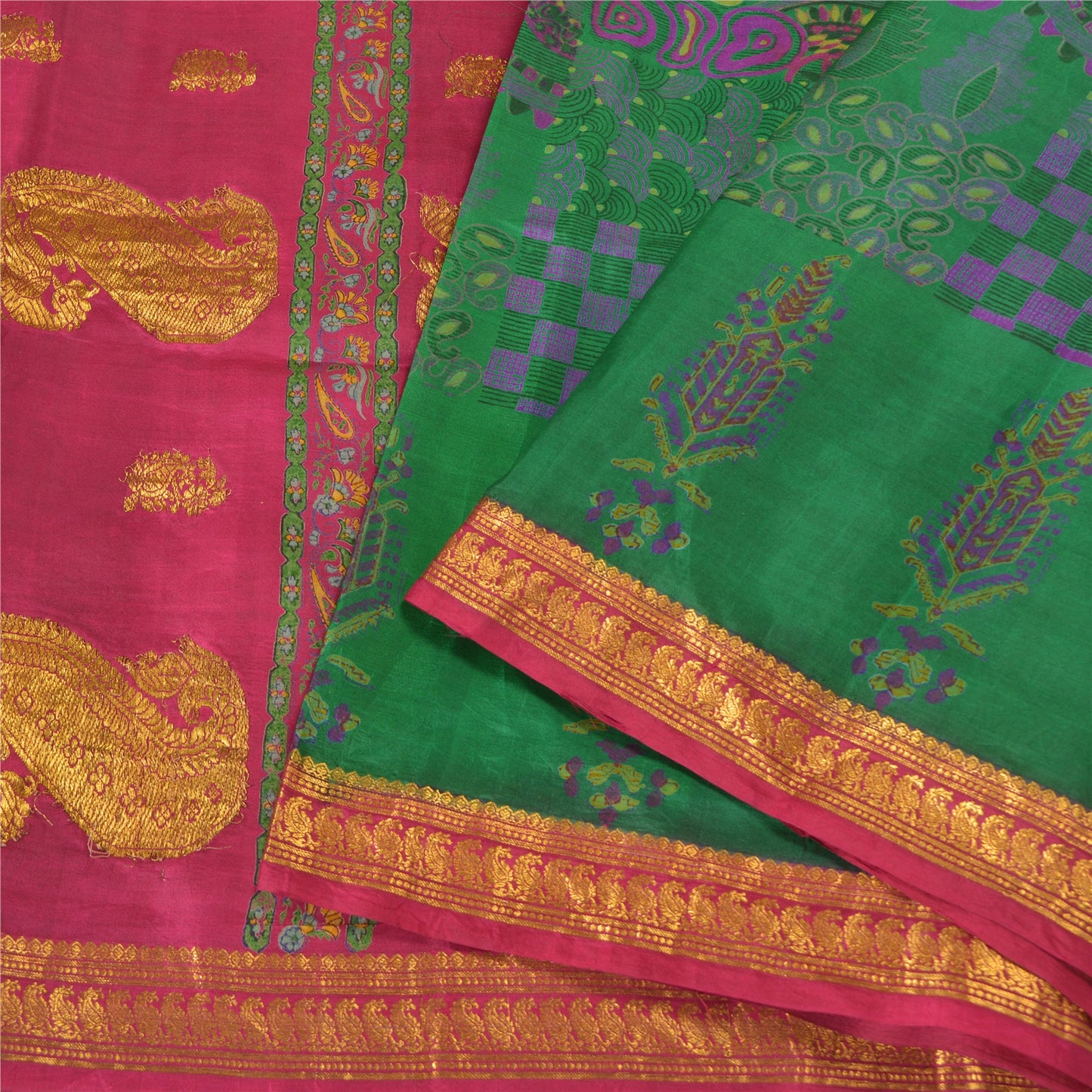 Sanskriti Vintage Pink/Green Sarees Pure Silk Woven Brocade/Banarasi Sari Sustainable Fabric