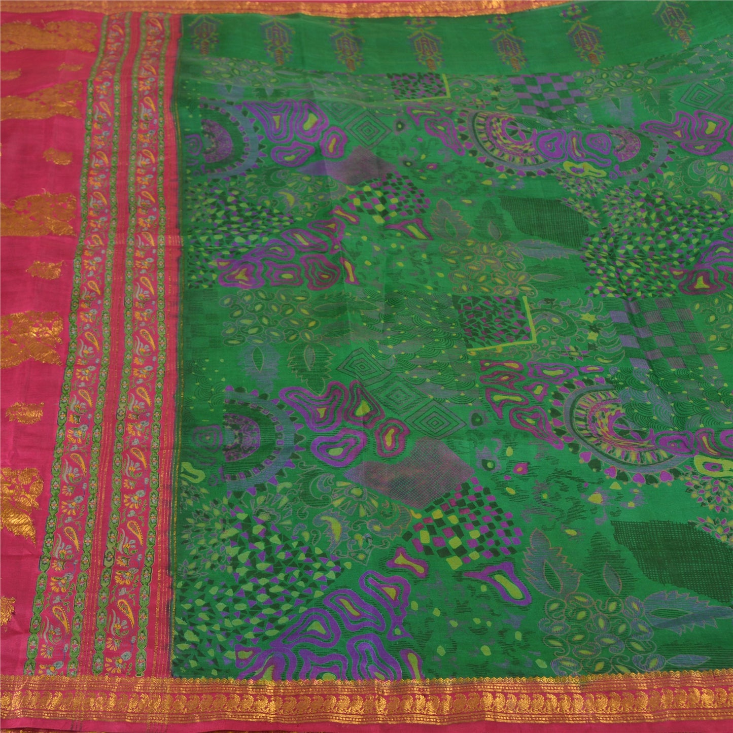 Sanskriti Vintage Pink/Green Sarees Pure Silk Woven Brocade/Banarasi Sari Sustainable Fabric