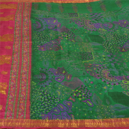 Sanskriti Vintage Pink/Green Sarees Pure Silk Woven Brocade/Banarasi Sari Sustainable Fabric