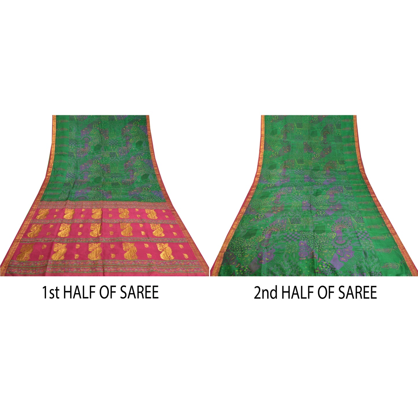 Sanskriti Vintage Pink/Green Sarees Pure Silk Woven Brocade/Banarasi Sari Sustainable Fabric