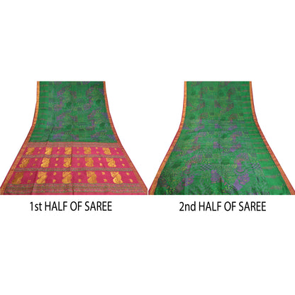 Sanskriti Vintage Pink/Green Sarees Pure Silk Woven Brocade/Banarasi Sari Sustainable Fabric