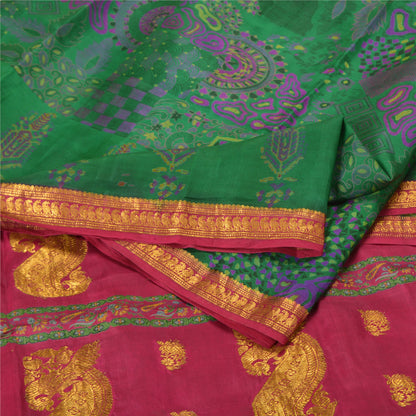 Sanskriti Vintage Pink/Green Sarees Pure Silk Woven Brocade/Banarasi Sari Sustainable Fabric