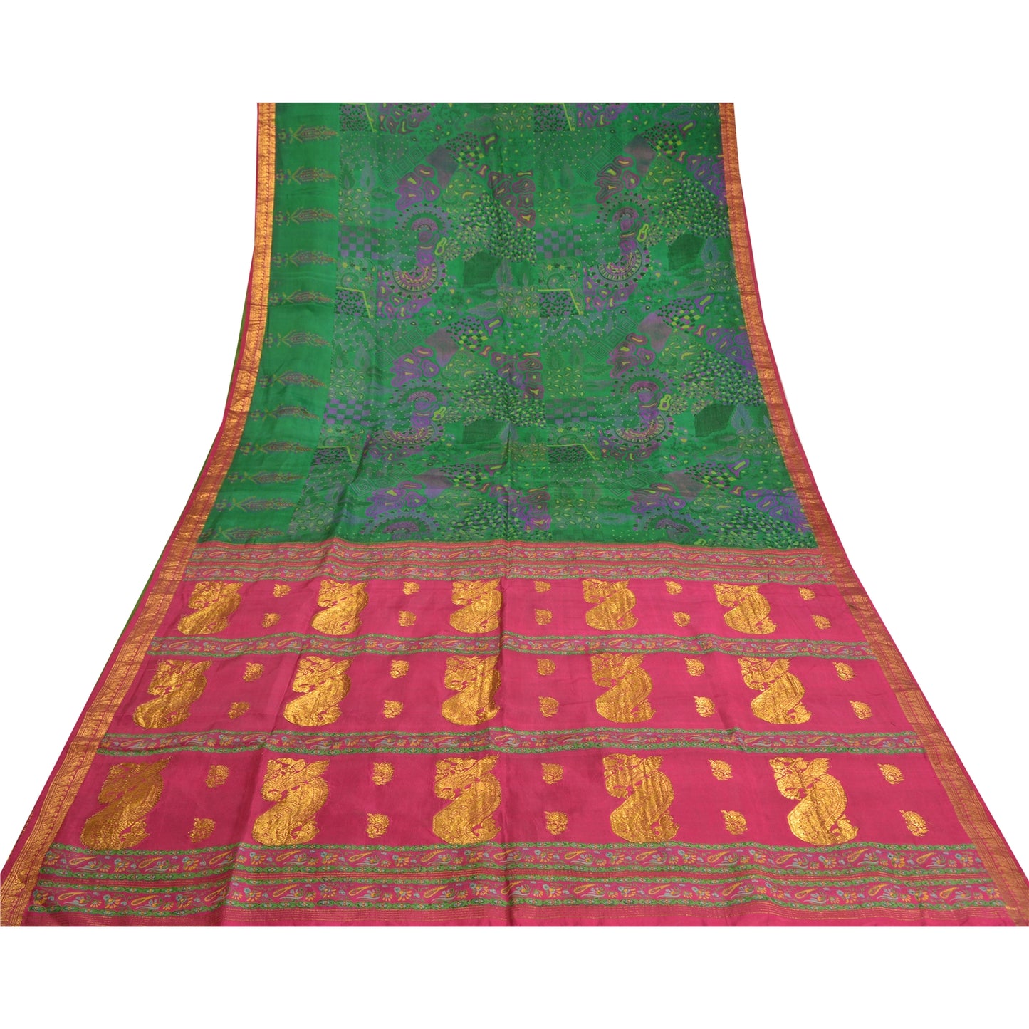 Sanskriti Vintage Pink/Green Sarees Pure Silk Woven Brocade/Banarasi Sari Sustainable Fabric