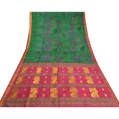 Sanskriti Vintage Pink/Green Sarees Pure Silk Woven Brocade/Banarasi Sari Sustainable Fabric