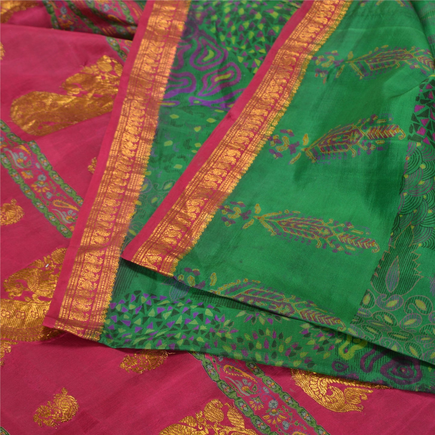 Sanskriti Vintage Pink/Green Sarees Pure Silk Woven Brocade/Banarasi Sari Sustainable Fabric