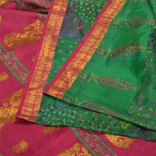 Sanskriti Vintage Pink/Green Sarees Pure Silk Woven Brocade/Banarasi Sari Sustainable Fabric