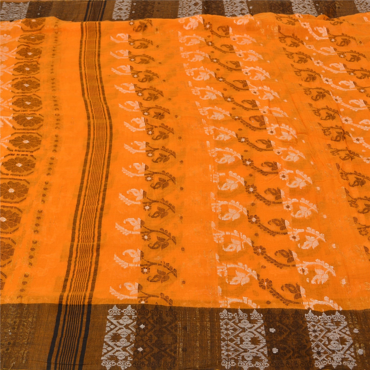 Sanskriti Vintage Saffron/Brown Indian Sarees 100% Pure Cotton Woven Sari Sustainable Fabric