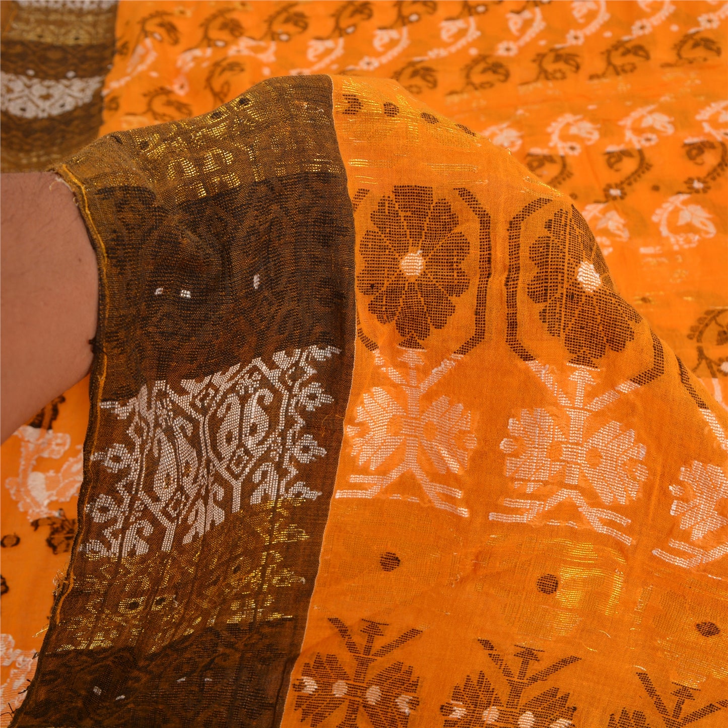 Sanskriti Vintage Saffron/Brown Indian Sarees 100% Pure Cotton Woven Sari Sustainable Fabric