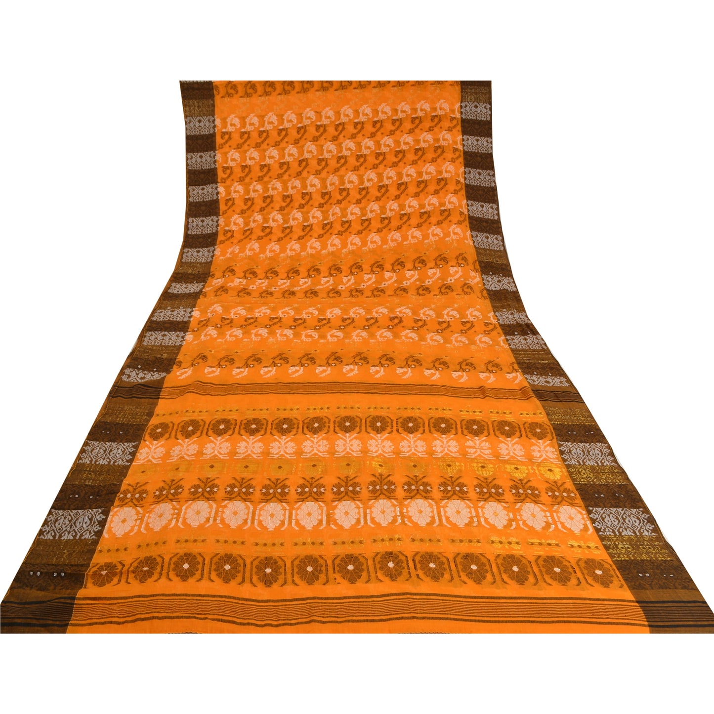 Sanskriti Vintage Saffron/Brown Indian Sarees 100% Pure Cotton Woven Sari Sustainable Fabric