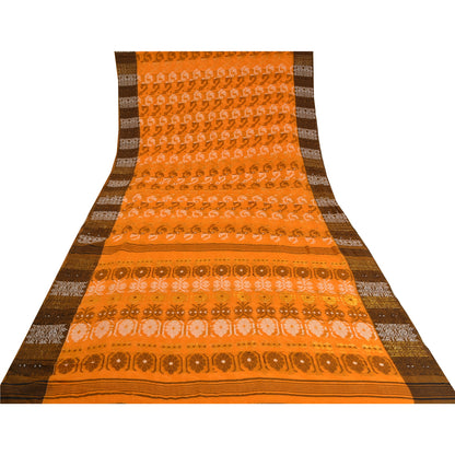 Sanskriti Vintage Saffron/Brown Indian Sarees 100% Pure Cotton Woven Sari Sustainable Fabric