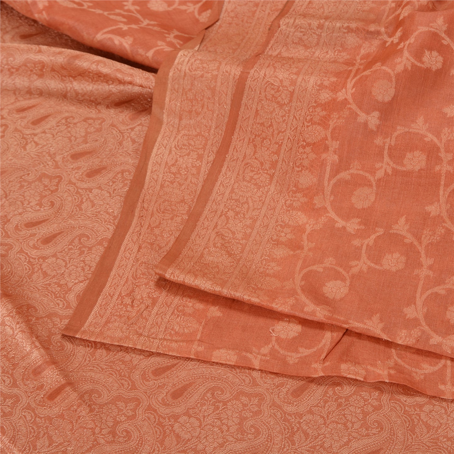 Sanskriti Vintage Peach Indian Sarees 100% Pure Silk Woven Sari 5 YD Sustainable Fabric
