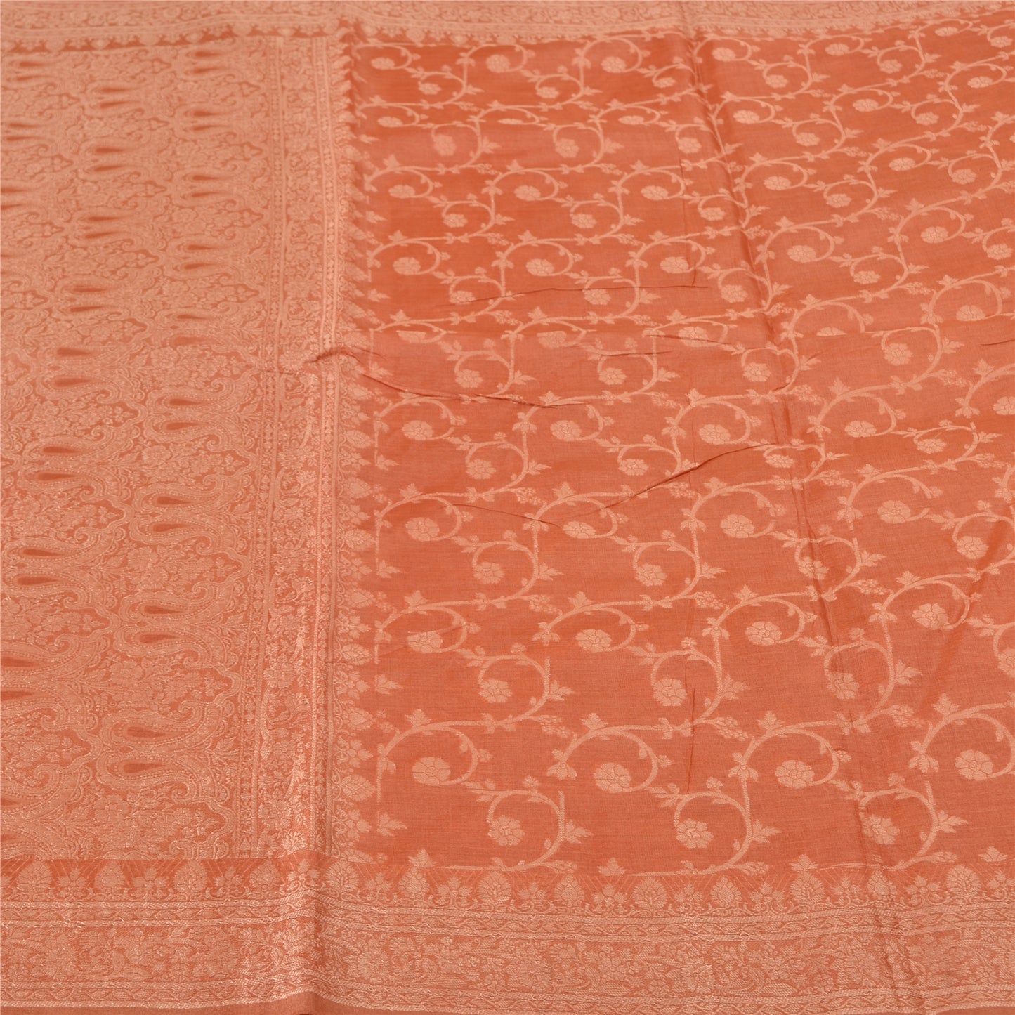 Sanskriti Vintage Peach Indian Sarees 100% Pure Silk Woven Sari 5 YD Sustainable Fabric
