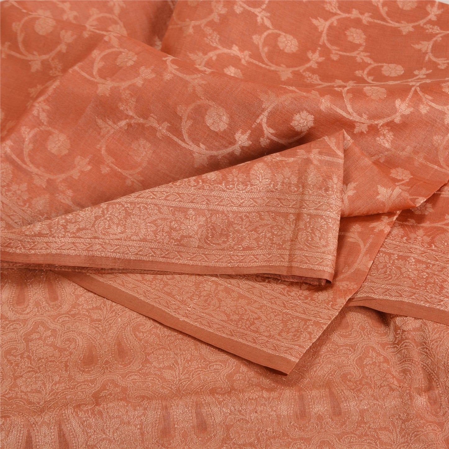 Sanskriti Vintage Peach Indian Sarees 100% Pure Silk Woven Sari 5 YD Sustainable Fabric