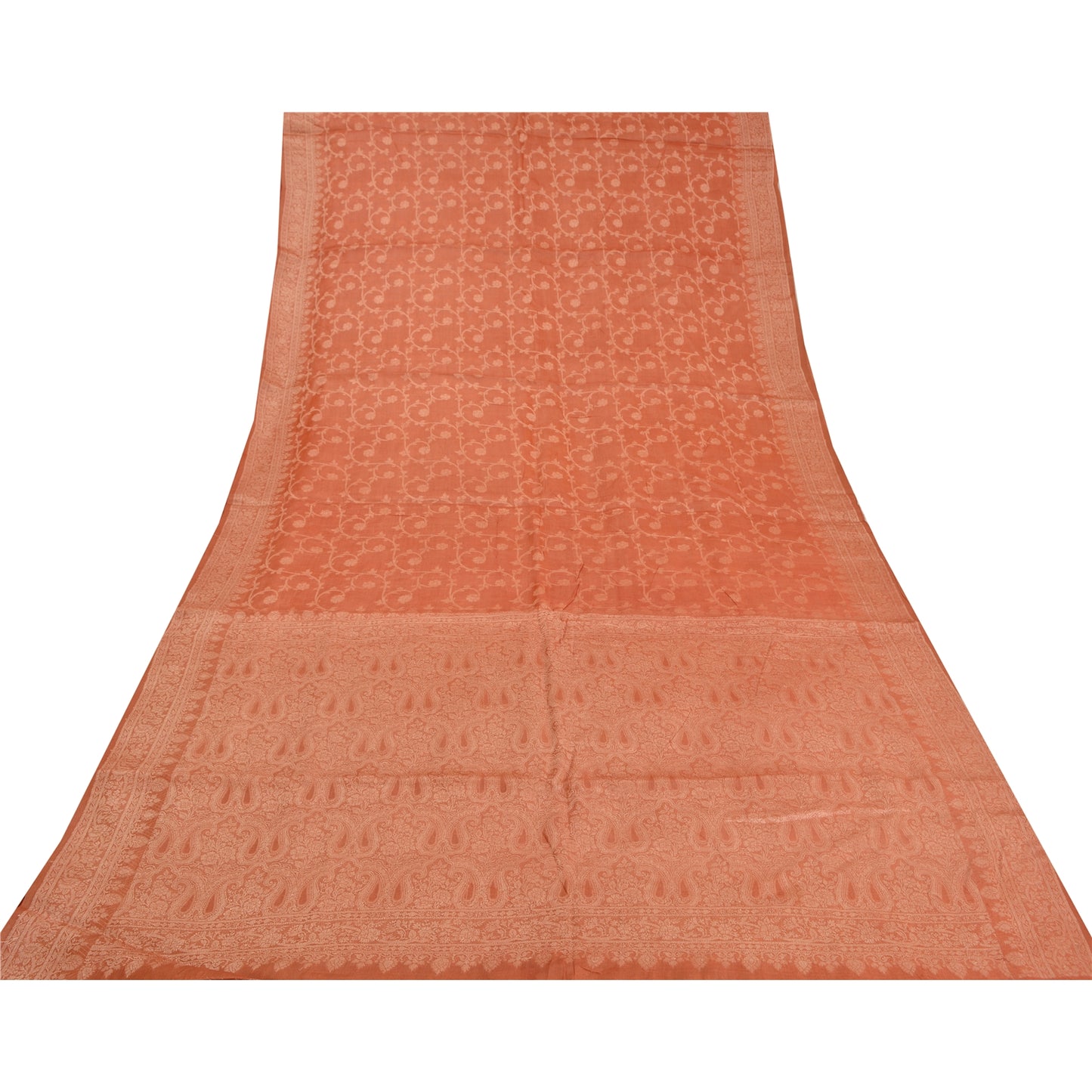 Sanskriti Vintage Peach Indian Sarees 100% Pure Silk Woven Sari 5 YD Sustainable Fabric