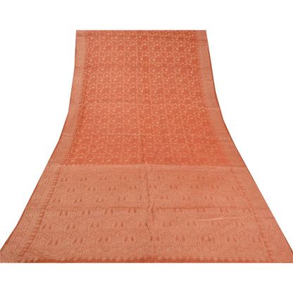 Sanskriti Vintage Peach Indian Sarees 100% Pure Silk Woven Sari 5 YD Sustainable Fabric