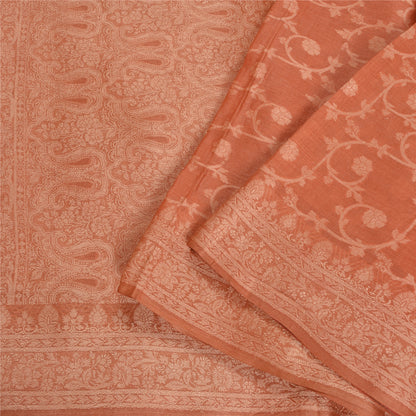 Sanskriti Vintage Peach Indian Sarees 100% Pure Silk Woven Sari 5 YD Sustainable Fabric