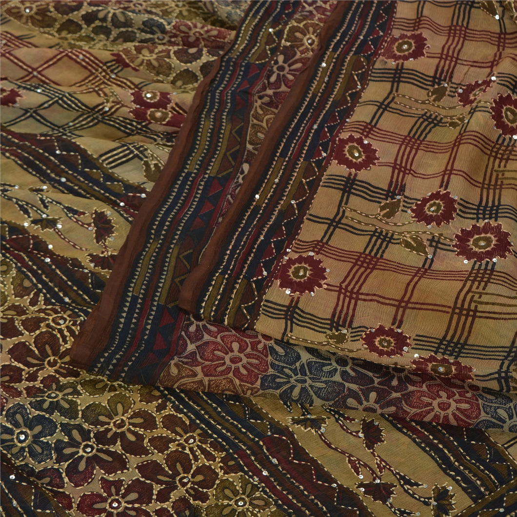Sanskriti Vintage Multi Sarees Pure Chiffon Silk Hand Beaded Kantha Sari Fabric
