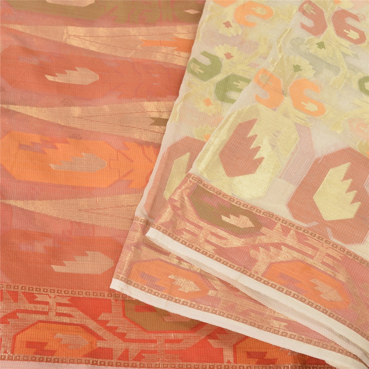 Sanskriti Vintage Peach/Ivory Indian Sarees Cotton Woven Premium Sari 5 YD Sustainable Fabric