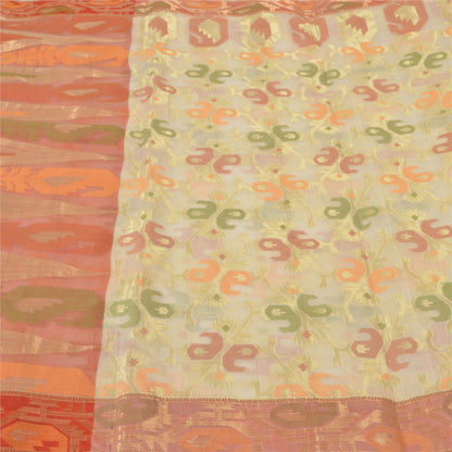 Sanskriti Vintage Peach/Ivory Indian Sarees Cotton Woven Premium Sari 5 YD Sustainable Fabric