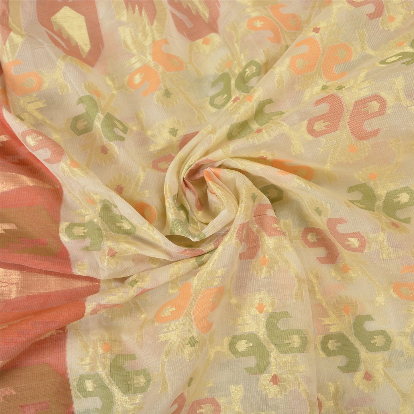 Sanskriti Vintage Peach/Ivory Indian Sarees Cotton Woven Premium Sari 5 YD Sustainable Fabric