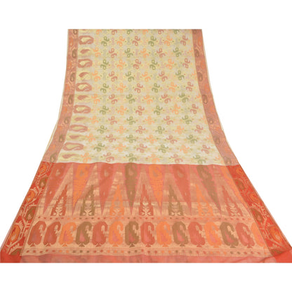 Sanskriti Vintage Peach/Ivory Indian Sarees Cotton Woven Premium Sari 5 YD Sustainable Fabric