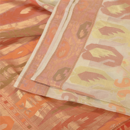 Sanskriti Vintage Peach/Ivory Indian Sarees Cotton Woven Premium Sari 5 YD Sustainable Fabric