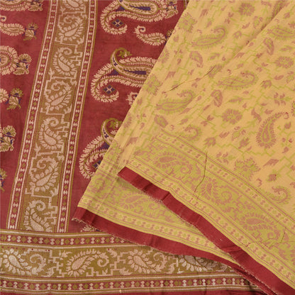 Sanskriti Vintage Dark Red/Cream Sarees 100% Pure Silk Woven Premium Sari Sustainable Fabric