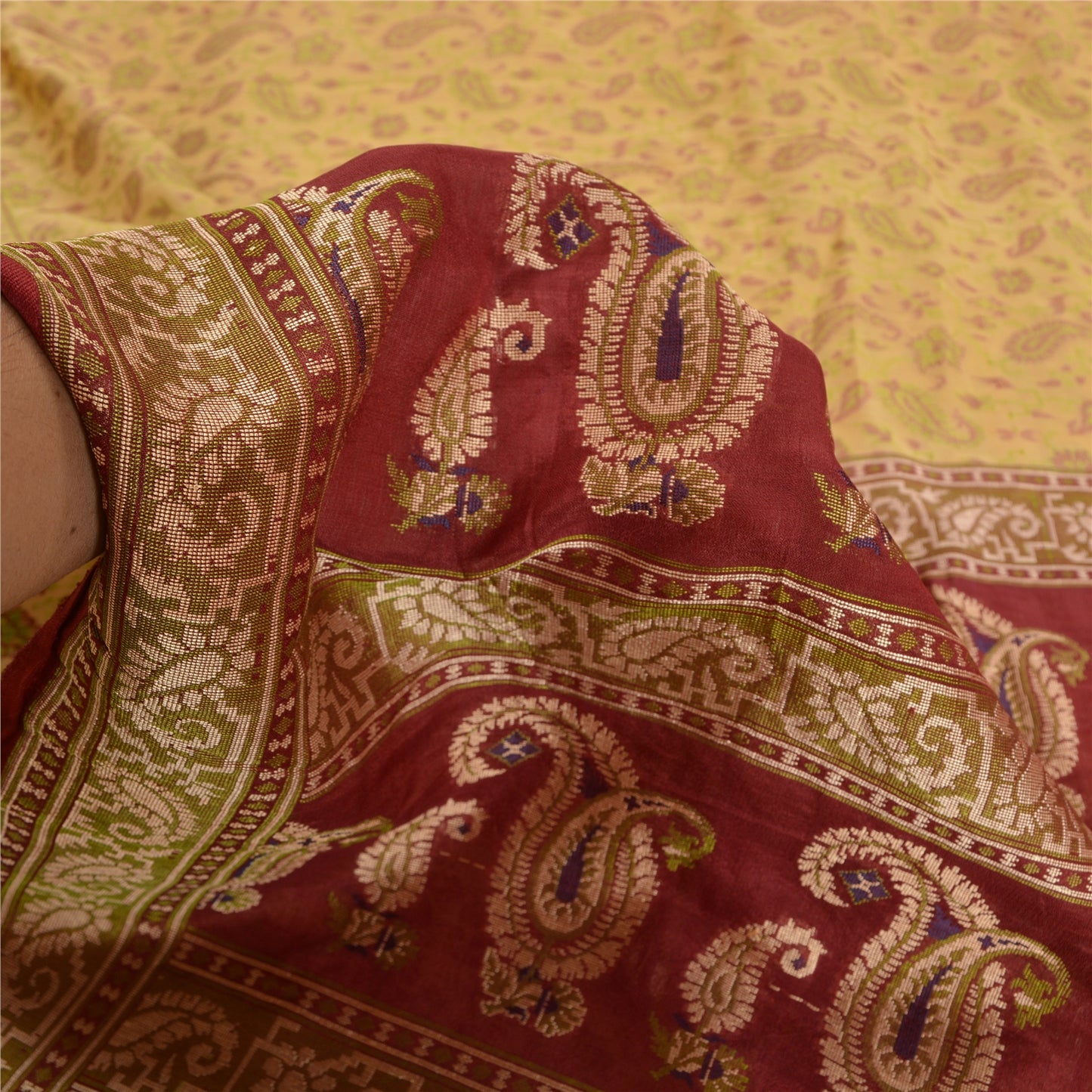 Sanskriti Vintage Dark Red/Cream Sarees 100% Pure Silk Woven Premium Sari Sustainable Fabric