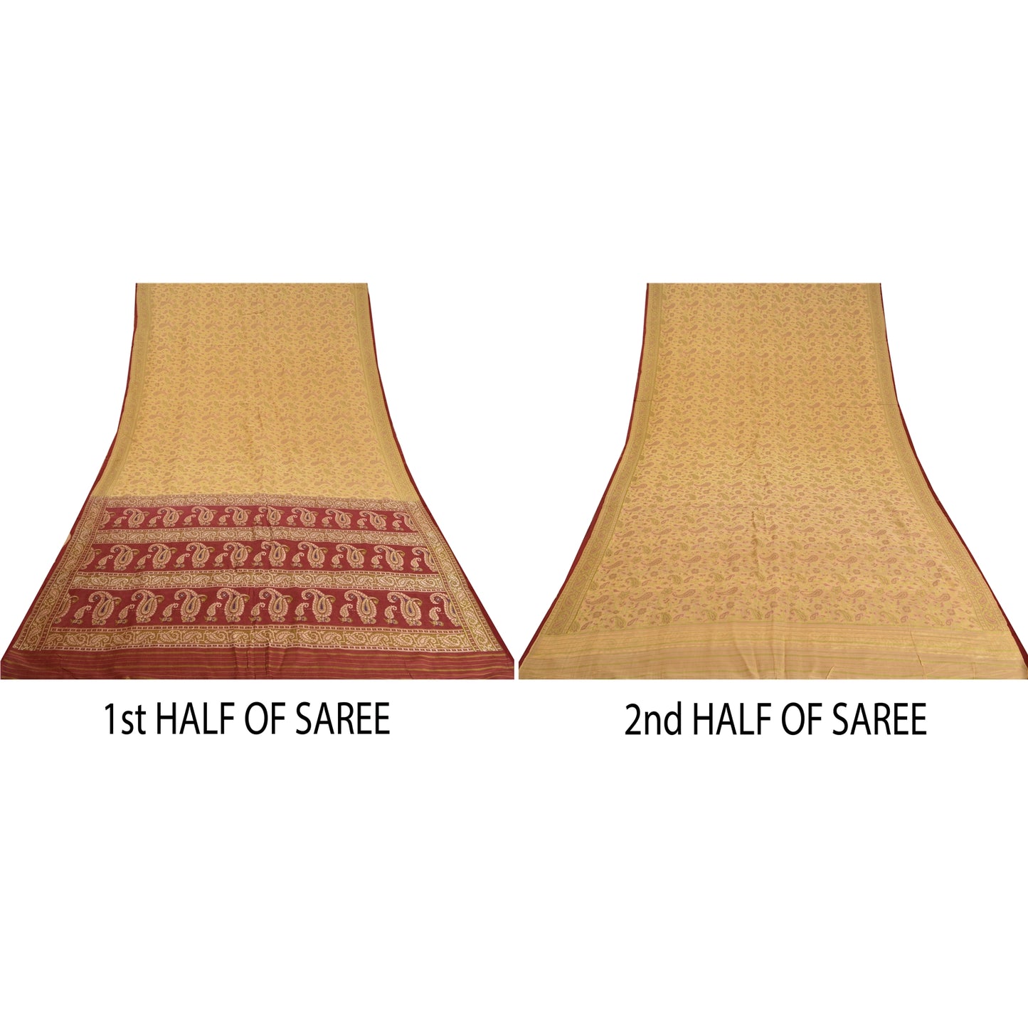 Sanskriti Vintage Dark Red/Cream Sarees 100% Pure Silk Woven Premium Sari Sustainable Fabric