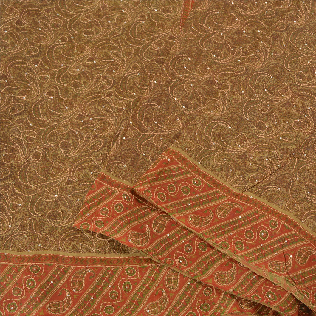 Sanskriti Vintage Orange Sarees Pure Silk Hand Beaded Kantha Sari Craft Fabric