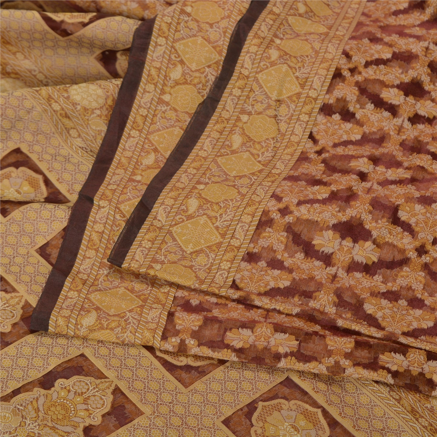 Sanskriti Vintage Dark Red Indian Sarees Pure Organza Silk Woven Sari Sustainable Fabric