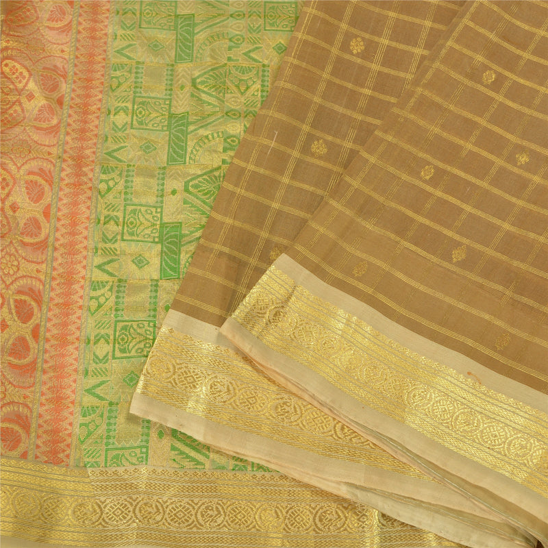 Sanskriti Vintage Brun/Creme Sarier Ren Organza Silke Vævet Premium Sari Bæredygtigt Stof