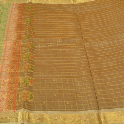 Sanskriti Vintage Brown/Cream Sarees Pure Organza Silk Woven Premium Sari Sustainable Fabric
