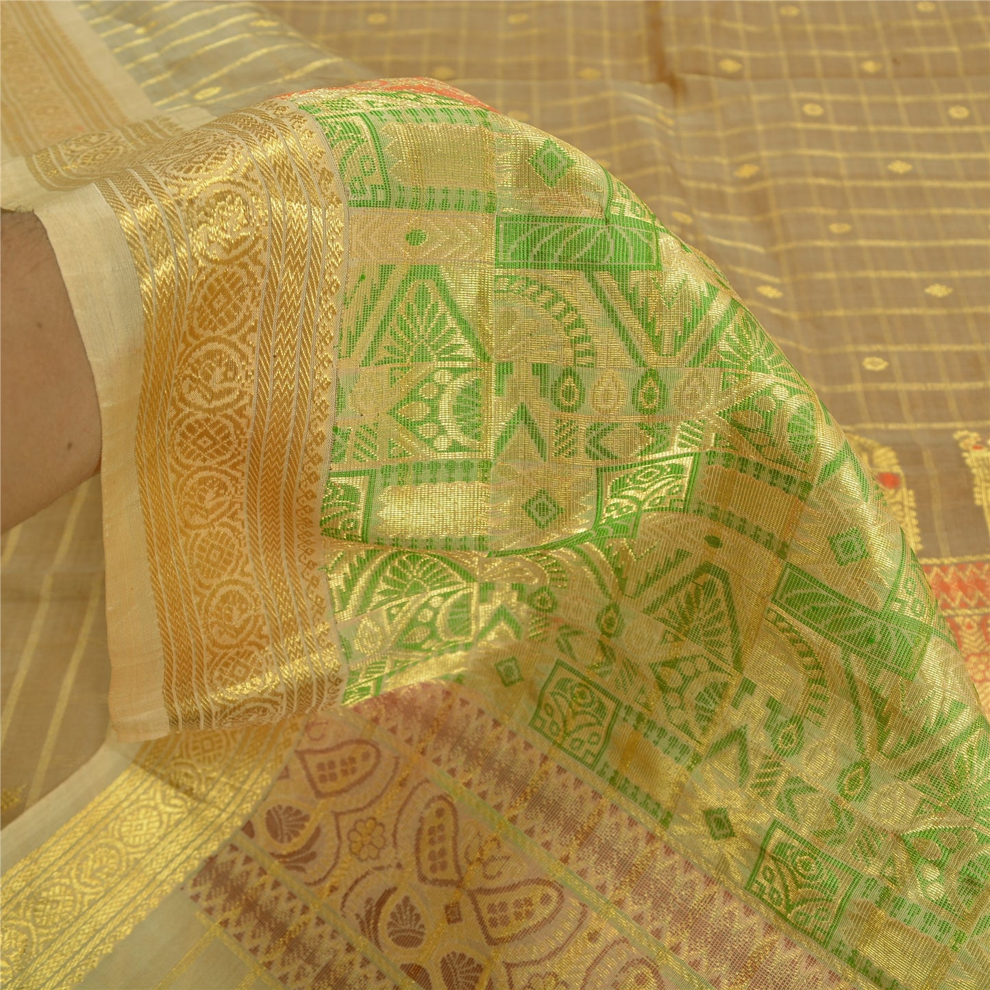 Sanskriti Vintage Brown/Cream Sarees Pure Organza Silk Woven Premium Sari Sustainable Fabric
