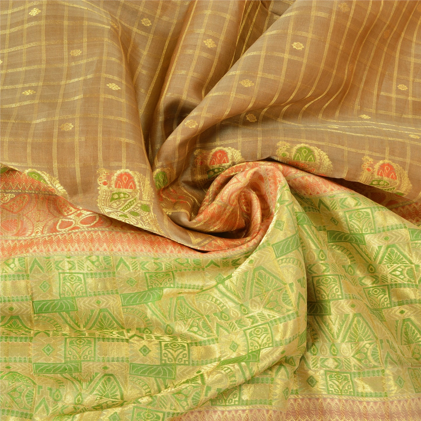 Sanskriti Vintage Brown/Cream Sarees Pure Organza Silk Woven Premium Sari Sustainable Fabric