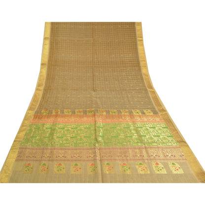 Sanskriti Vintage Brown/Cream Sarees Pure Organza Silk Woven Premium Sari Sustainable Fabric