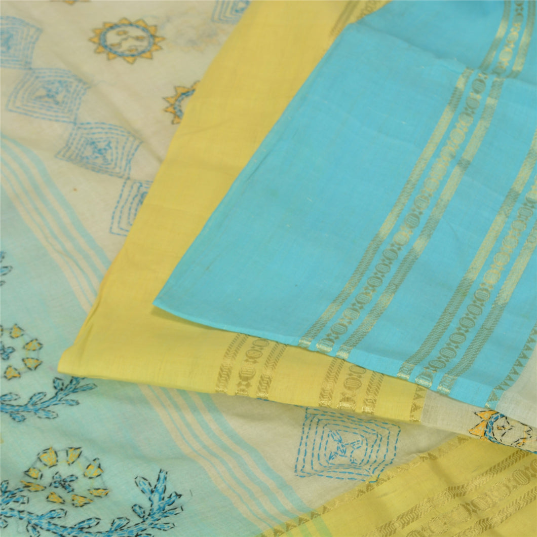 Sanskriti Vintage Multicolor Sarees 100% Pure Cotton Handmade Kantha Sari Fabric