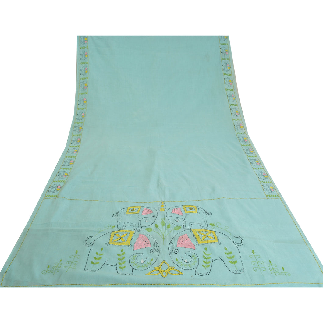 Sanskriti Vintage Sky Blue Sarees Cotton Handmade Kantha Animal Sari Fabric