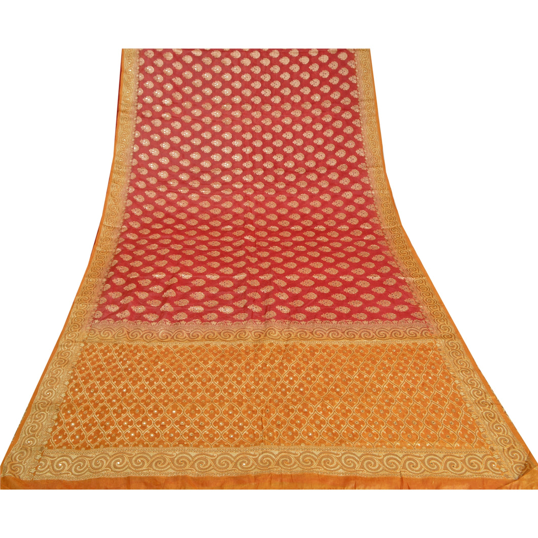 Sanskriti Vintage Saffron/Red Sarees Pure Silk Hand Beaded Woven Sari Fabric