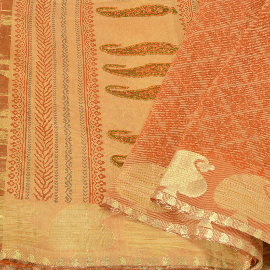 Sanskriti Vintage Saffron Sarees Blend Cotton Hand-Block Print Woven Sari Fabric