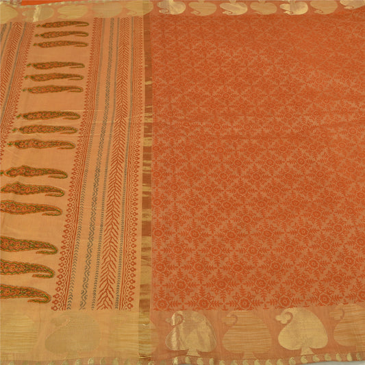 Sanskriti Vintage Saffron Sarees Blend Cotton Hand-Block Print Woven Sari Sustainable Fabric